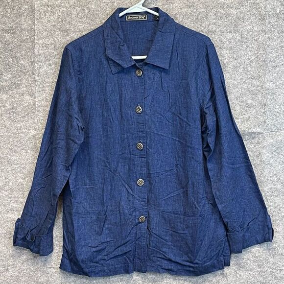 COCONUT BAY 2 Piece Outfit Set Women's Medium Blue Linen Blend Shirt and Pants - Picture 3 of 16
